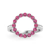 Rosecliff open circle ring featuring sixteen 2 mm faceted round cut rubies prong set in 14k white gold