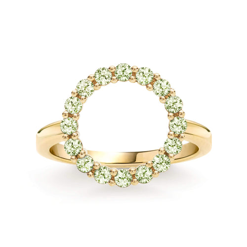 Rosecliff open circle ring featuring sixteen 2mm faceted round cut peridots prong set in 14k yellow gold - front view