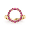 Rosecliff open circle ring featuring sixteen 2 mm faceted round cut rubies prong set in 14k yellow gold - front view