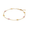 Sunset bracelet featuring seven alternating 4 mm Pink Sapphires and Citrines bezel set in 14k yellow gold - angled view