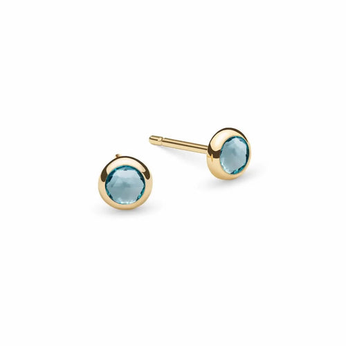 Pair of Birthstone Stud Earrings featuring 4 mm briolette cut Blue Topaz bezel set in 14k yellow gold - front view