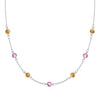 Sunset necklace featuring seven alternating 4 mm Pink Sapphires and Citrines bezel set in 14k white gold