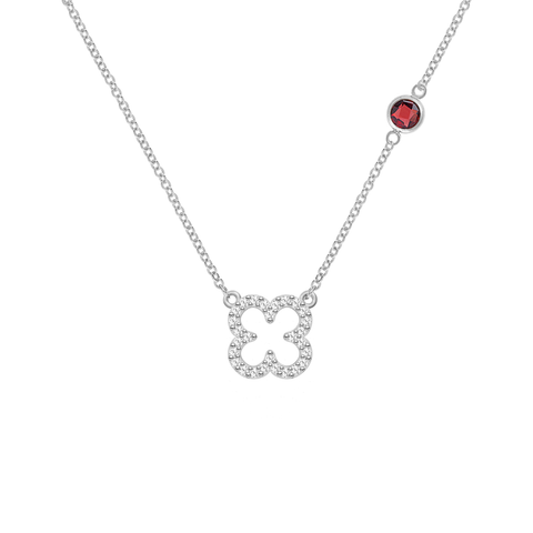 Diamond Clover & Garnet Necklace in 14k Gold (January) - White Gold