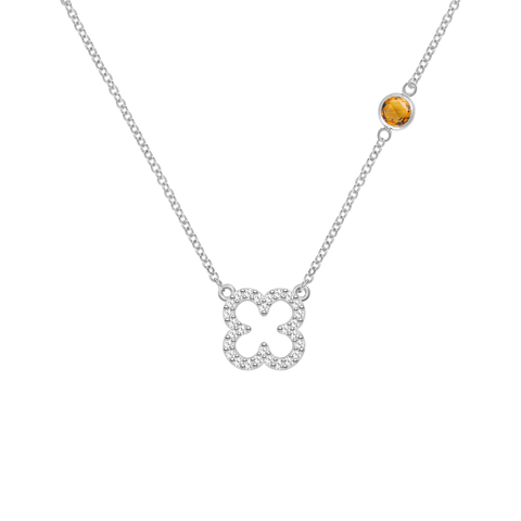 Diamond Clover & Citrine Necklace in 14k Gold (November) - White Gold