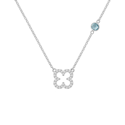 Diamond Clover & Nantucket Blue Topaz Necklace in 14k Gold (December) - White Gold