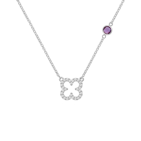 Diamond Clover & Amethyst Necklace in 14k Gold (February) - White Gold