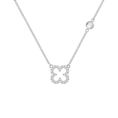 Diamond Clover & White Topaz Necklace in 14k Gold (April) - White Gold