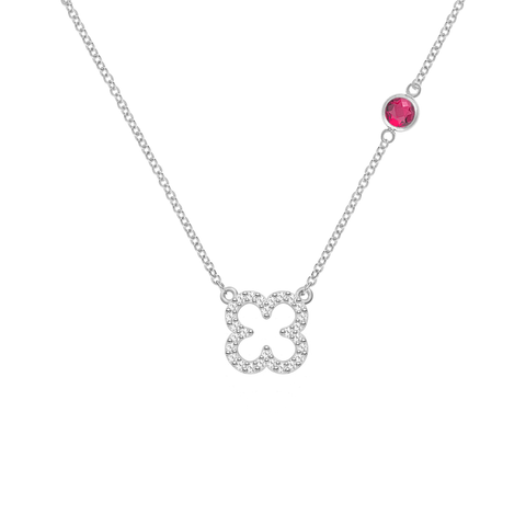 Diamond Clover & Ruby Necklace in 14k Gold (July) - White Gold