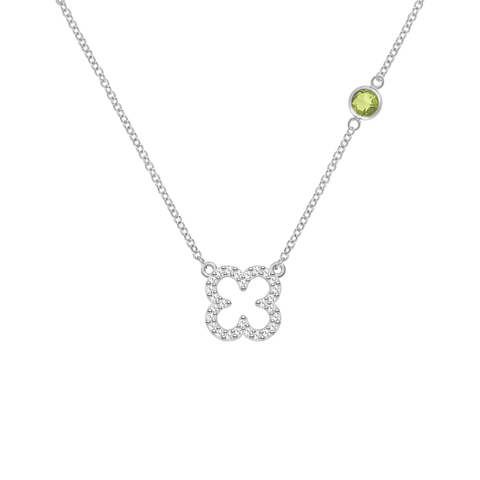 Diamond Clover & Peridot Necklace in 14k Gold (August) - White Gold