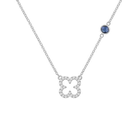 Diamond Clover & Sapphire Necklace in 14k Gold (September) - White Gold