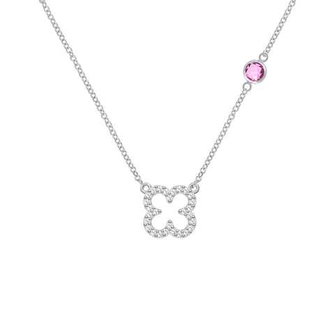 Diamond Clover & Pink Sapphire Necklace in 14k Gold (October) - White Gold