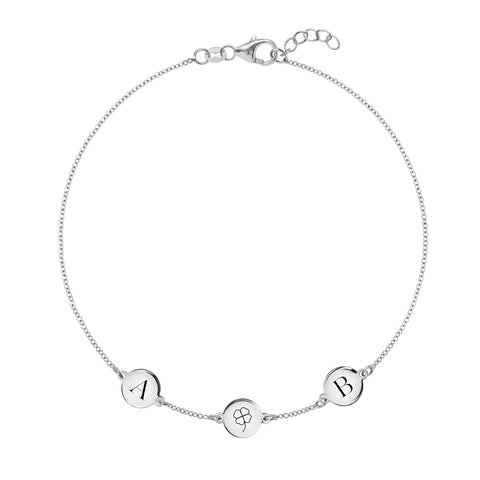 Clover Disc & 2 Letter Bracelet in 14k Gold - White Gold