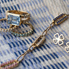 Personalized Adelaide 3 Pavé Birthstone Link bracelet, Warren ring, Rosecliff rings, & Clover stud earrings.