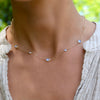 Woman wearing a Bayberry Grand & Classic 11 Moonstone necklace featuring alternating 4mm and 6mm briolette cut gemstones.