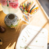 Sunlight shines on an out-of-focus desk holding a velvet display tray showcasing assorted Haverhill necklaces and earrings.