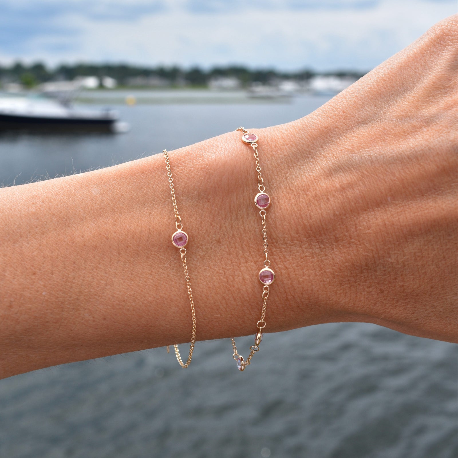 Petite 1 Pink Sapphire Bracelet in 14k Gold (October)