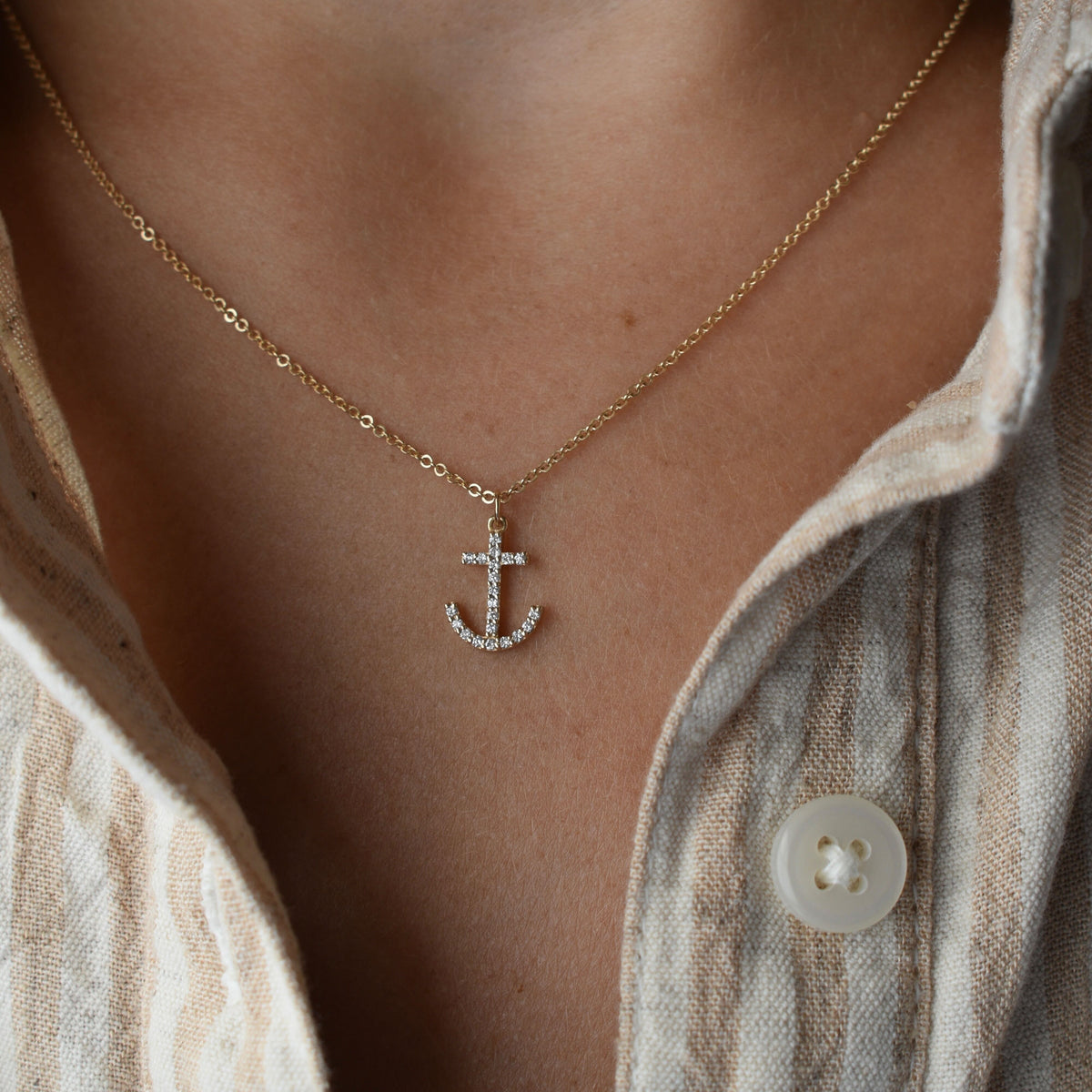 14K Yellow Gold Mini Anchor Pendant Paperclip Chain Necklace – QUEEN MAY
