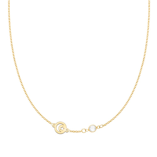Crescent & Star Disc & Petite 1 Birthstone Necklace in 14k Gold