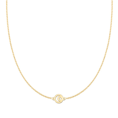 Crescent & Star Disc Necklace in 14k Gold