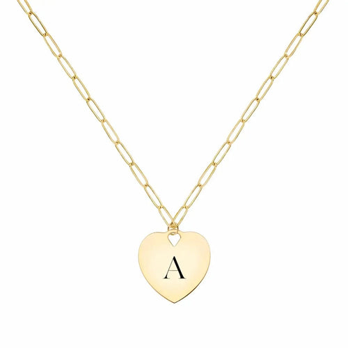 14k yellow gold Adelaide mini necklace featuring one 16 x 15 mm flat heart pendant engraved with the letter A - front view