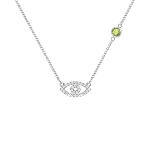 Diamond Evil Eye & Peridot Necklace in 14k Gold (August) - White Gold