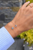 Wrist wearing two Grand 1 Birthstone bracelets with Nantucket blue topaz and aquamarine, both featuring one 6mm gemstone.