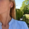 Woman adorned with a pair of 14k yellow gold Grand stud earrings each featuring one 6 mm briolette cut bezel set sapphire.