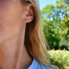 Woman adorned with a pair of 14k yellow gold Grand stud earrings each featuring one 6 mm briolette cut peridot