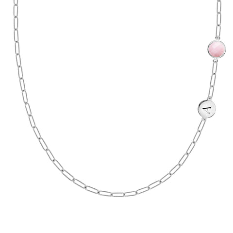 1 Letter & 1 Grand Pink Opal Adelaide Mini Necklace in 14k Gold (October) - White Gold