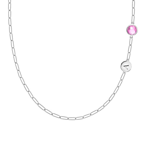 1 Letter & 1 Grand Pink Sapphire Adelaide Mini Necklace in 14k Gold (October) - White Gold