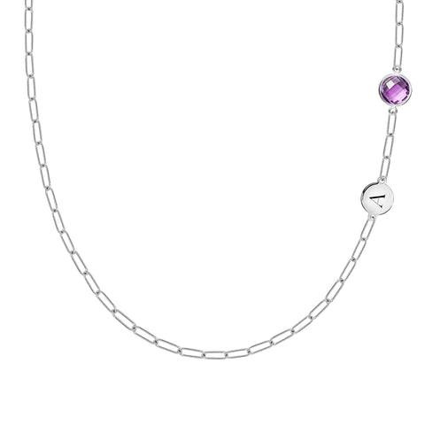 1 Letter & 1 Grand Amethyst Adelaide Mini Necklace in 14k Gold (February) - White Gold