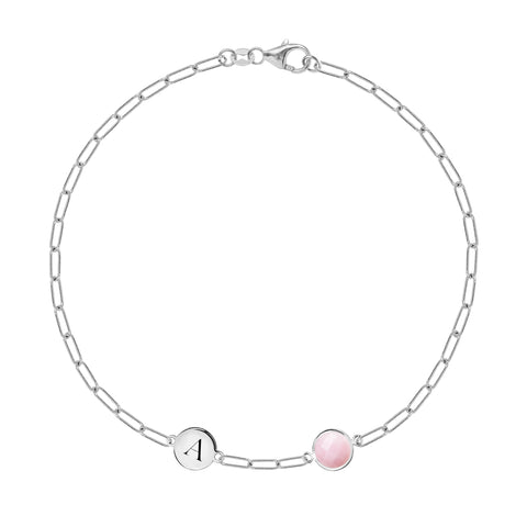 1 Letter & 1 Grand Pink Opal Adelaide Mini Bracelet in 14k Gold (October) - White Gold