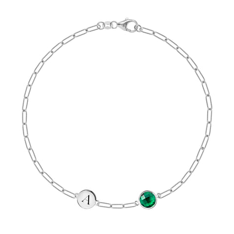 1 Letter & 1 Grand Emerald Adelaide Mini Bracelet in 14k Gold (May) - White Gold