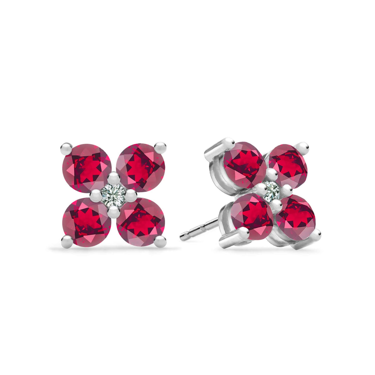 Pair of 14k white gold Greenwich 4 Birthstone earrings each featuring four 4 mm rubies and one 2.1 mm diamond