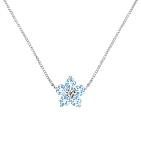 Greenwich Flower Aquamarine & Diamond Necklace in 14k Gold (March) - White Gold