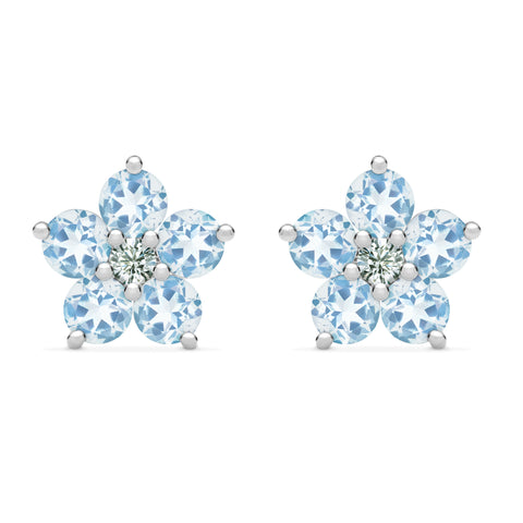 Greenwich Flower Aquamarine & Diamond Earrings in 14k Gold (March) - White Gold