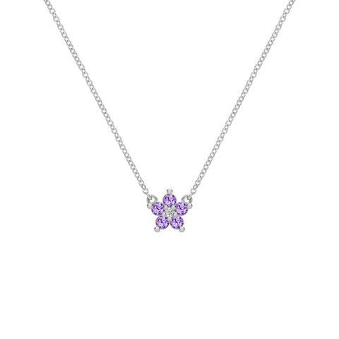 Greenwich Mini Flower Amethyst & Diamond Necklace in 14k Gold (February) - White Gold