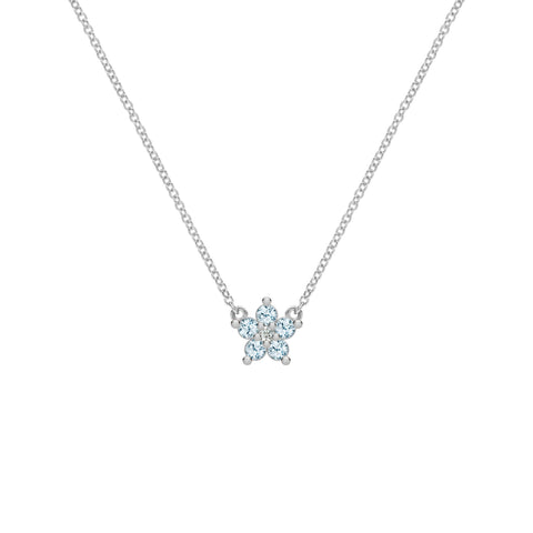 Greenwich Mini Flower Nantucket Blue Topaz & Diamond Necklace in 14k Gold (December) - White Gold