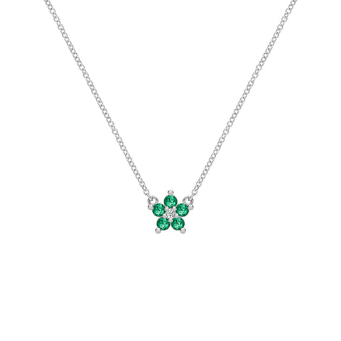 Greenwich Mini Flower Emerald & Diamond Necklace in 14k Gold (May) - White Gold