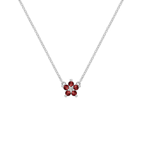 Greenwich Mini Flower Garnet & Diamond Necklace in 14k Gold (January) - White Gold