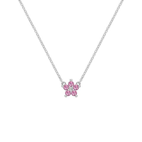 Greenwich Mini Flower Pink Sapphire & Diamond Necklace in 14k Gold (October) - White Gold