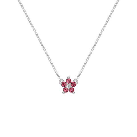 Greenwich Mini Flower Ruby & Diamond Necklace in 14k Gold (July) - White Gold