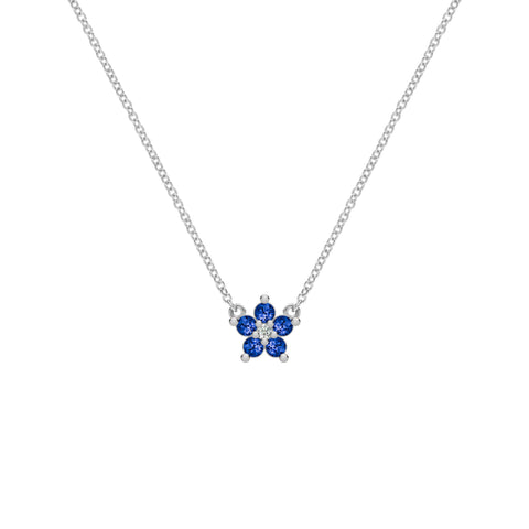 Greenwich Mini Flower Sapphire & Diamond Necklace in 14k Gold (September) - White Gold