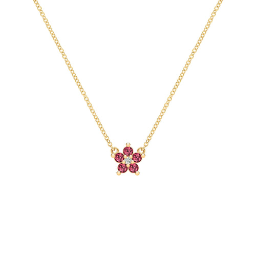 Greenwich Mini Flower Ruby & Diamond Necklace in 14k Gold (July)