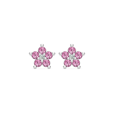 Greenwich Mini Flower Pink Sapphire & Diamond Earrings in 14k Gold (October) - White Gold