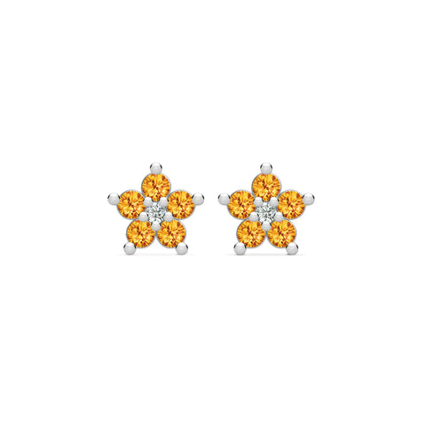 Greenwich Mini Flower Citrine & Diamond Earrings in 14k Gold (November) - White Gold