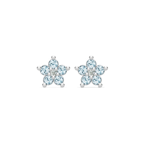 Greenwich Mini Flower Nantucket Blue Topaz & Diamond Earrings in 14k Gold (December) - White Gold