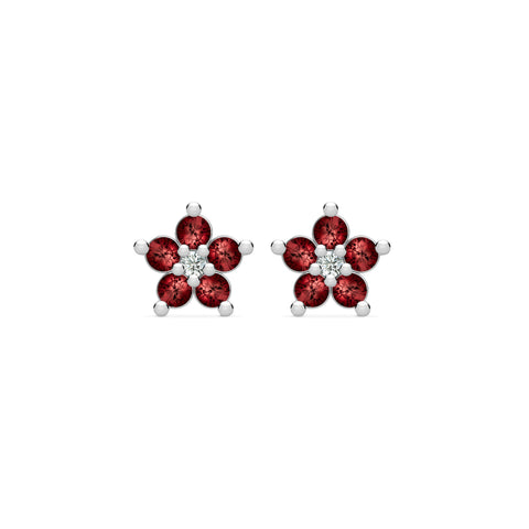 Greenwich Mini Flower Garnet & Diamond Earrings in 14k Gold (January) - White Gold