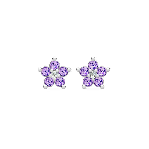 Greenwich Mini Flower Amethyst & Diamond Earrings in 14k Gold (February) - White Gold