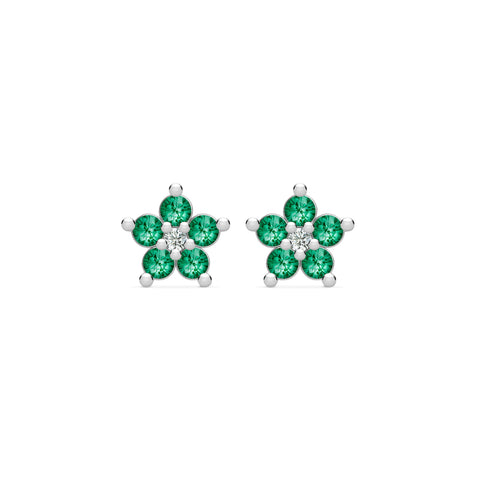 Greenwich Mini Flower Emerald & Diamond Earrings in 14k Gold (May) - White Gold